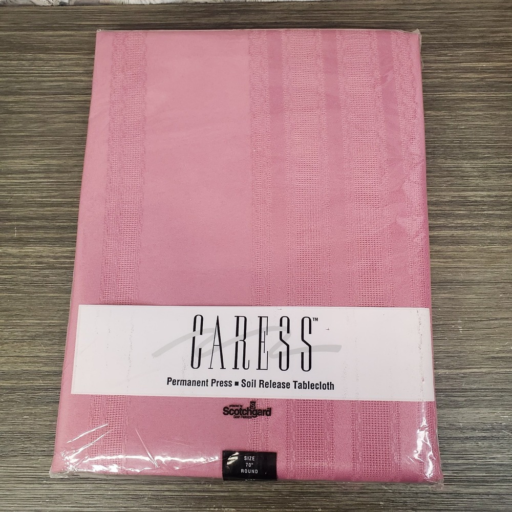 NOS Mervyns Caress Rose Pink Round 70 Inch Fabric Tablecloth With Scotchgard